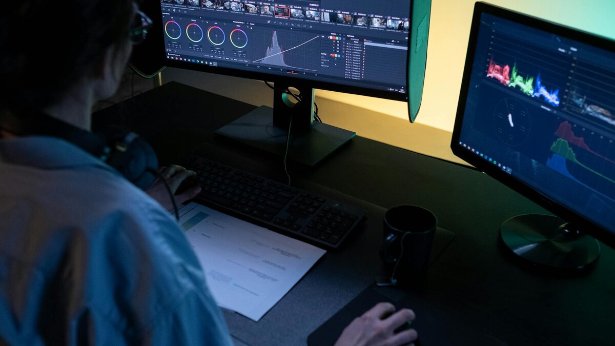 AI video editing workflow with timeline color grading and dual monitors